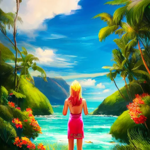 Image similar to A detailed and intricately painted scene of a girl looking at a beautiful Hawaiian landscape of flowers and clear blue waters, featured on ArtStation, trending on ArtStation, cgsociety, trending on 500px, deviantart