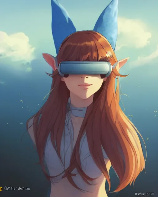 Image similar to a russian blue cat wearing a VR headset, !dream an attractive young female elf with long flowing auburn hair, standing on the beach on the ground front facing, looking at camera, blue water, anime. By Makoto Shinkai, Stanley Artgerm Lau, WLOP, Rossdraws, James Jean, Andrei Riabovitchev, Marc Simonetti, krenz cushart, Sakimichan, trending on ArtStation, digital art.