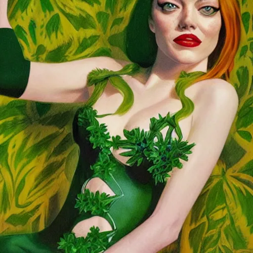 Prompt: portrait of emma stone as poison ivy, wearing a green dress and floral growths, epic details by alex ross