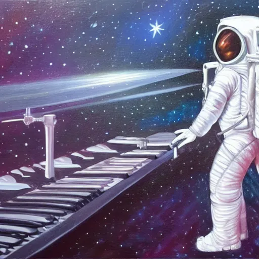Prompt: a detailed oil painting of an astronaut playing keyboard