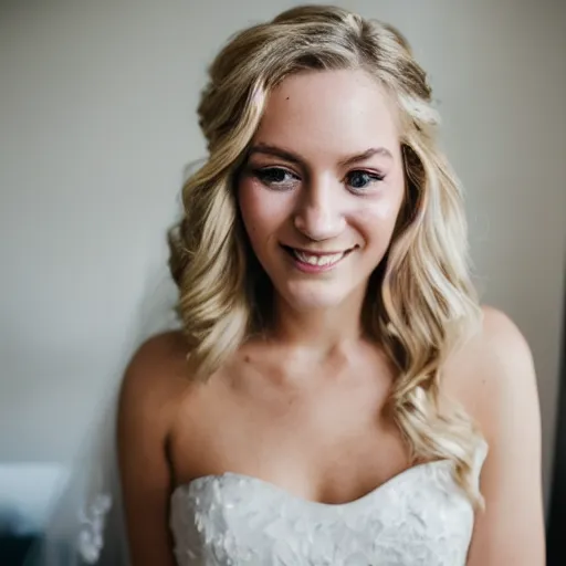 Prompt: a close up portrait of a women, mid-twenties, blonde hair, wearing a Vera Wang wedding dress, the most beautiful day of her life