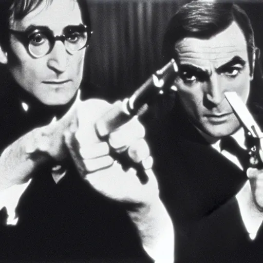 Image similar to john lennon pointing a gun at sean connery, james bond, film still