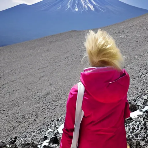 Prompt: a beautiful blond silver hair young woman walking up Mount Fuji, manga