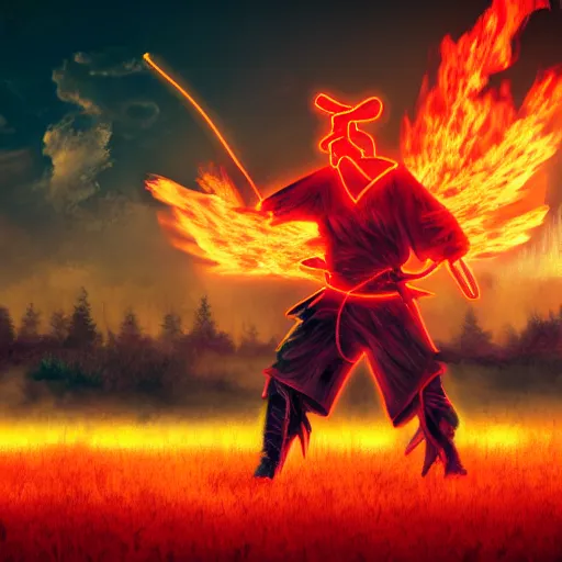 Image similar to a neon samurai in a burning field at night. hyper realistic, 8 k.