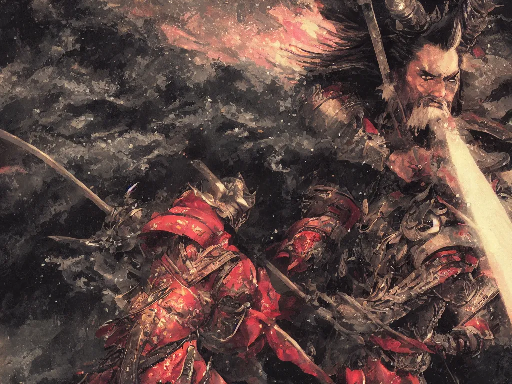 Image similar to close up of a samurai in dragon armor, under a waterfall at night, by huang guangjian and gil elvgren, sachin teng, greg manchess