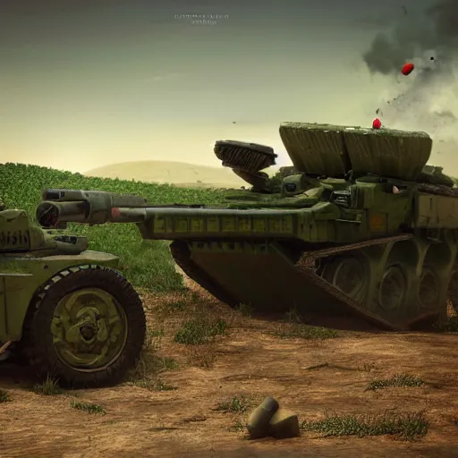 Prompt: Watermelon as military vehicle with epic weapons, launching rockets on a battlefield in russian city as background. More Military vehicle less watermelon .Photorealistic Concept 3D digital art in style of Caspar David Friedrich, super rendered in Octane Render, epic RTX dimensional dramatic light