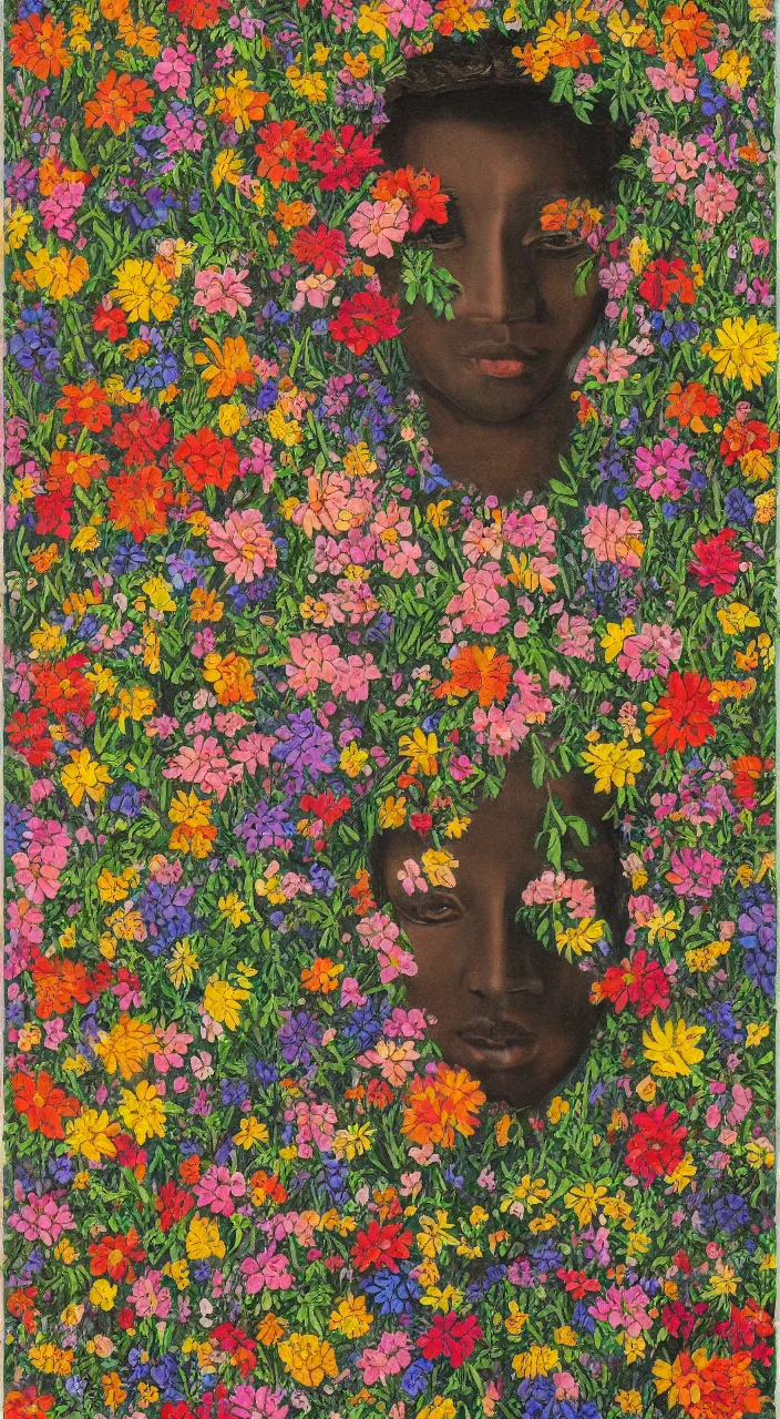 Image similar to a symmetric portrait of an antrounded by flowers, by well renowned world artist