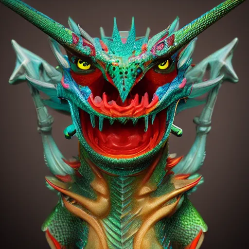 Image similar to closeup 3 d toy dmt chinese bestiary dragon as funco toy, war cry, plastic, sss, octane 4 k render, studio lighting, artstation, cyan photographic backdrop, 1 0 5 mm, f 2. 8 aperture