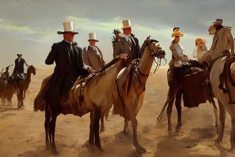 Image similar to portrait of a respectable dignified royal business elite politicians in top hats and coat tails riding on emus in the sahara desert throwing vanilla icecream cones at each other, art by anders zorn, wonderful masterpiece by greg rutkowski, beautiful cinematic light, american romanticism by greg manchess, jessica rossier