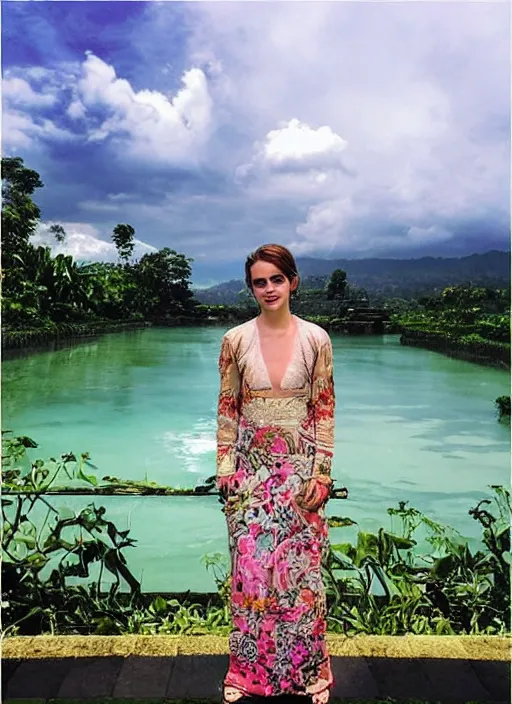 Prompt: emma watson wearing kebaya bali in bali. temple, lake, rice field, ocean. front view. instagram closeup holiday photo shoot, perfect faces, beautiful