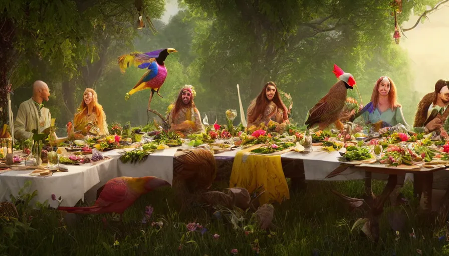 Image similar to a table dinner of exotic birds where birds are dressed like the characters from the midsommar movie wearing flowers, realistic detailed digital art by maxwell boas jessica rossier christian dimitrov anton fadeev trending on artstation cgsociety rendered in unreal engine 4 k hq