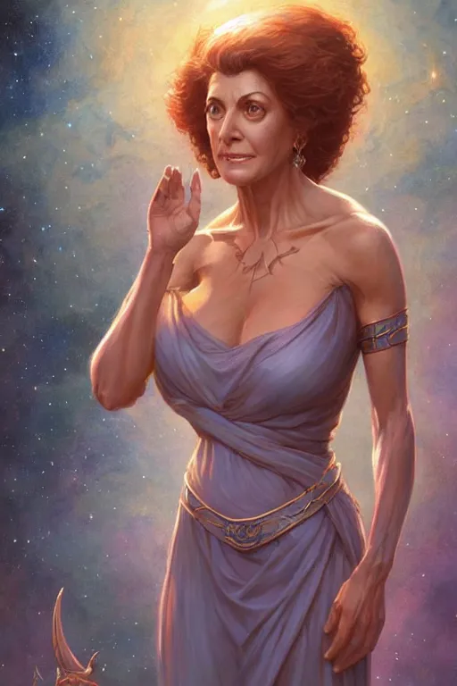 Image similar to Deanna Troi as a Goddess, Highly Detailed anatomy, only two hands, highly detailed, digital painting, artstation, concept art, smooth, sharp focus, illustration, Unreal Engine 5, 8K, art by art by artgerm and greg rutkowski and edgar maxence