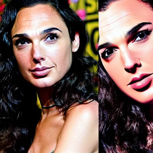 Prompt: two halves of a cat, gal gadot.