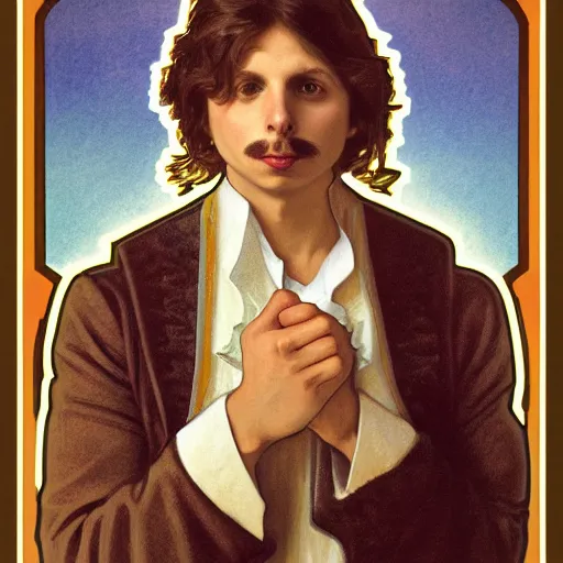 Image similar to a detailed portrait of michael cera as santa ana at the alamo, long twirling moustache, by alphonse mucha and albert bierstadt and thomas moran and charles russel, god rays, intricate detail, cinematic, 8 k, featured on artstation, pixiv