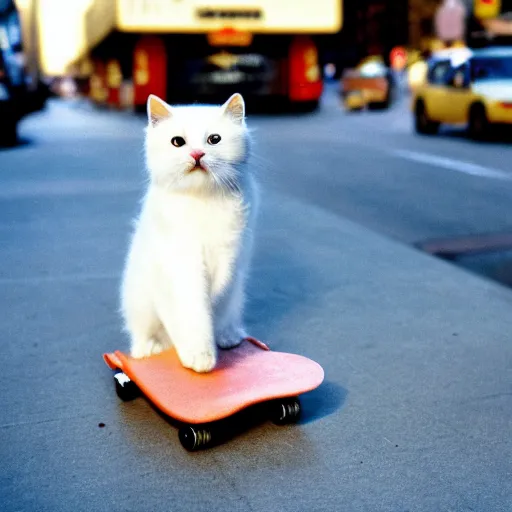 Prompt: leica s photograph, kodachrome film, subject is a white furry cat riding on a skateboard that is rolling down broadway in nyc