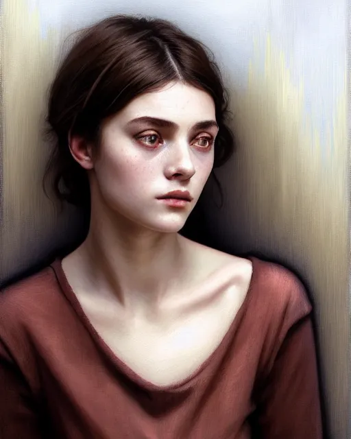 Image similar to portrait of a welsh teenage girl with brown hair, dark brown eyes, glowing skin, delicate features, quiet beauty, amelie poulain, fantasy, intricate, elegant, dress shirt, highly detailed, digital painting, artstation, concept art, smooth, sharp focus, illustration, art by Krenz Cushart and Artem Demura and alphonse mucha