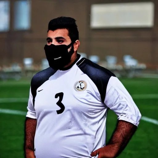 Image similar to overweight kurdish soccer player with face mask and great hair