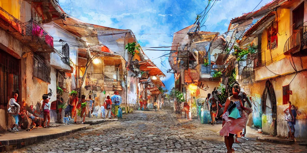 Prompt: Streets of pelorinho in salvador bahia Brazil, digital art, in style of Mike Azevedo, trending on art station