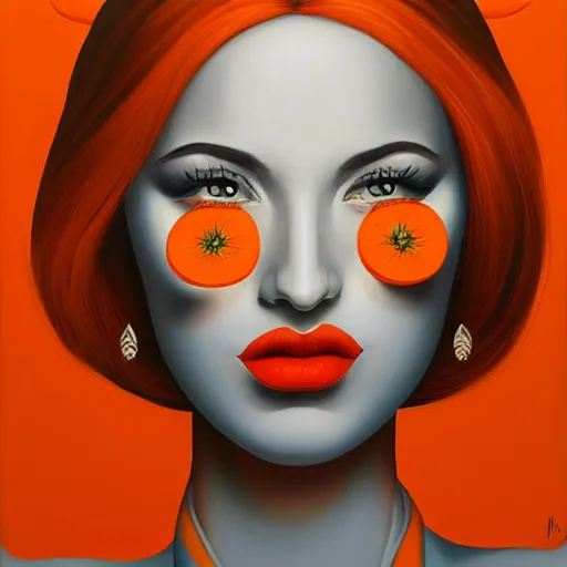 Image similar to a painting of a beautiful woman!!! wearing orange, an ultrafine detailed painting by rafal olbinski, behance contest winner, pop surrealism, detailed painting, very detailed, minimalist, airbrush art