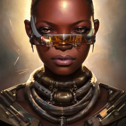 Prompt: african dieselpunk warlord, science fiction, highly detailed, digital painting, beautiful eyes, symmetry, concept art, sharp focus, illustration, global illumination, radiant light, detailed and intricate environment, art by artgerm and greg rutkowski and magali villeneuve and ilya kuvshinov!