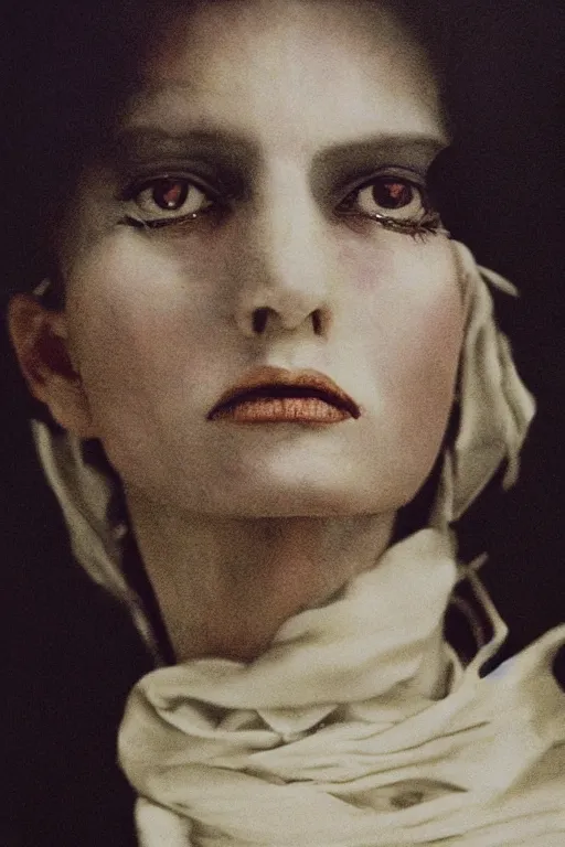 Image similar to hyperrealism fashion portrait close-up by Roversi photo from The Holy Mountain by Alejandro Jodorowsky in style of Francisco Goya