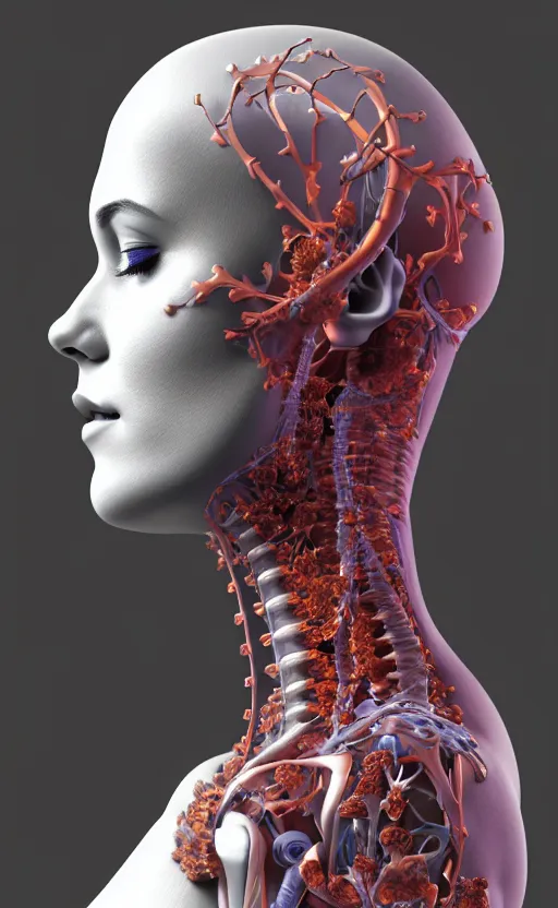 Image similar to 3D render of a beautiful profile face portrait of a female cyborg, 150 mm, flowers, Mandelbrot fractal, anatomical, flesh, facial muscles, wires, microchip, veins, arteries, full frame, microscopic, elegant, highly detailed, flesh ornate, elegant, high fashion, rim light, octane render in the style of H.R. Giger and Bouguereau