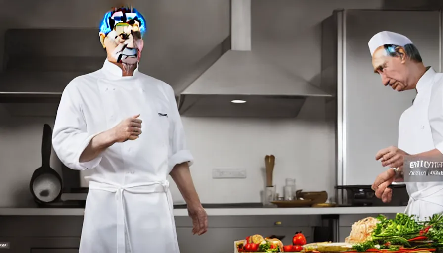 Image similar to vladimir putin in white apron in kitchen cooking dinner. stock photo, high key lighting, photograph