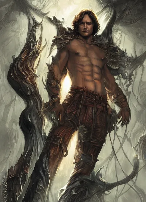 Image similar to sam winchester in a bodice - ripper romantic book cover illustration art by peter andrew jones, artgerm, wlop. fantasy style, sharp focus!, ultra detailed,