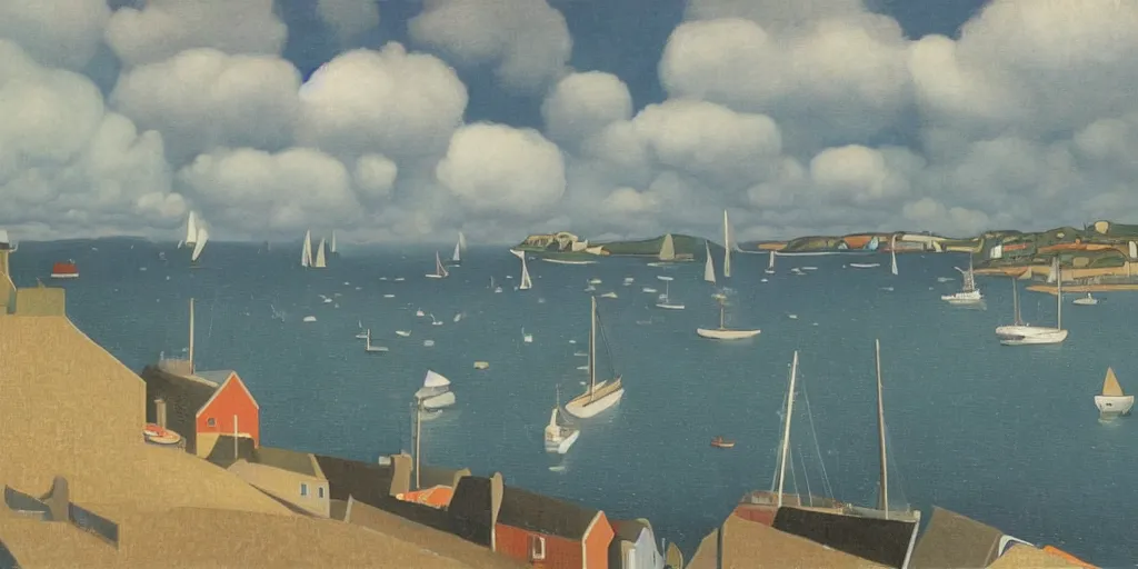 Image similar to a painting of the harbour at Herm, Channel islands, small houses, boats, sea, stormy clouds, by René Magritte