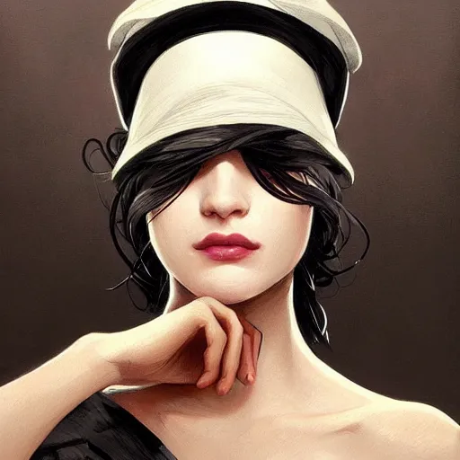 Image similar to portrait of an elegantly dressed Batman, extremely dark circles around eyes, irritated expression, bohemian fashion, wearing a beret, artsy, intricate, elegant, highly detailed, digital painting, artstation, concept art, smooth, sharp focus, illustration, art by artgerm and greg rutkowski and alphonse mucha