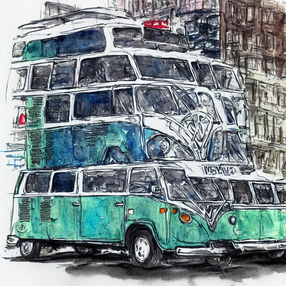 Image similar to a detailed watercolor sketch of vw bus in new york city