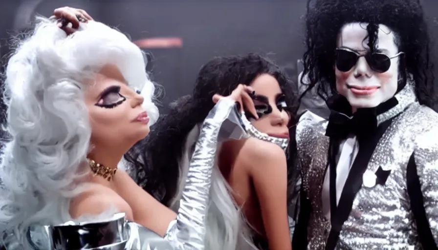 Image similar to michael jackson and lady gaga in a surreal futuristic music video