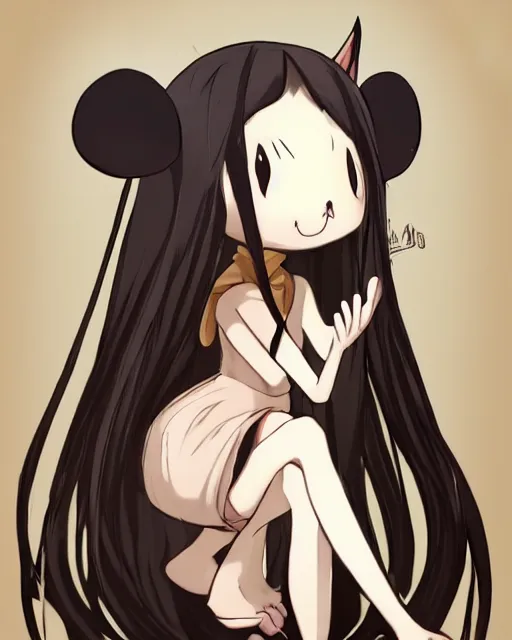 Prompt: A cute wakfu-style frontal painting of a very very beautiful anime skinny mousegirl with long wavy brown colored hair and small mouse ears on top of her head wearing a cute black dress and black shoes looking at the viewer, elegant, delicate, feminine, soft lines, higly detailed, smooth , pixiv art, ArtStation, artgem, art by alphonse mucha Gil Elvgren and Greg rutkowski, high quality, digital illustration, concept art, very long shot, sea of thieves illustration