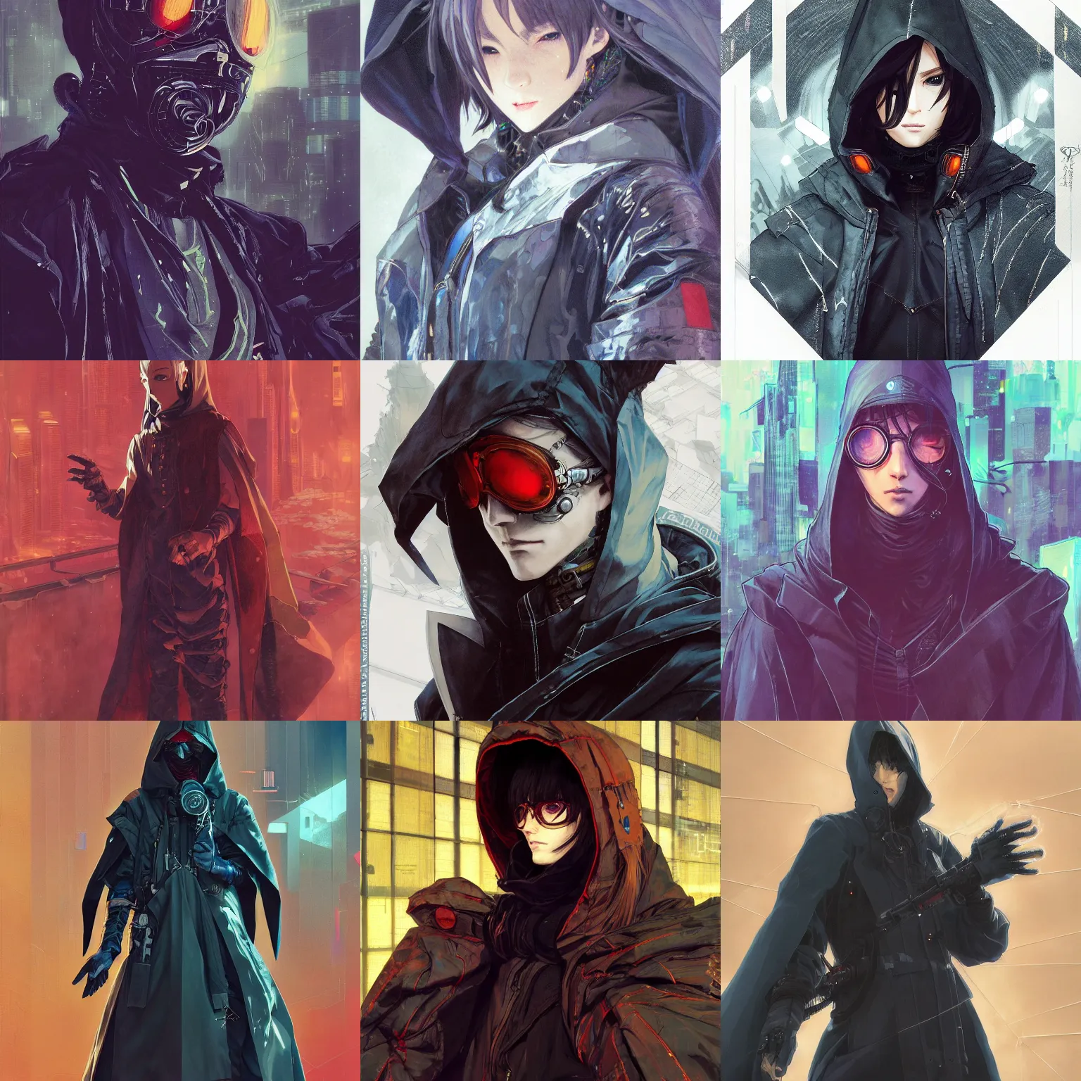 Prompt: detailed portrait of cyberpunk wizard, wearing cloak techwear with hood, by shigenori soejima, greg rutkowski, jesper ejsing, katsuhiro otomo, krenz cushart, rossdraws, alphonse mucha, rule of thirds, seductive look, beautiful