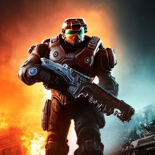 Image similar to Donald Trump as Masterchief in gears of war, splash art, movie still, detailed face, photorealistic facial features, cinematic lighting, dramatic, octane render, long lens, shallow depth of field, bokeh, anamorphic lens flare, 8k, hyper detailed, 35mm film grain