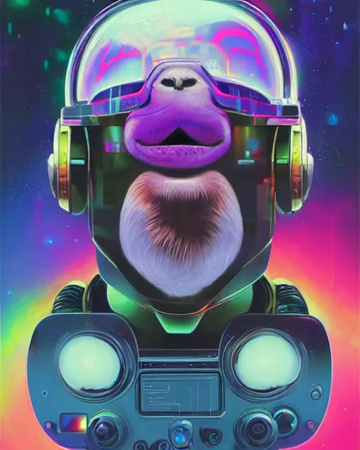 Image similar to silly sloth as future coder man looking on, sleek cyclops display over eyes and sleek bright headphoneset, neon accent lights, holographic colors, desaturated headshot portrait digital painting by dean cornwall, rhads, john berkey, tom whalen, alex grey, alphonse mucha, donoto giancola, astronaut cyberpunk electric