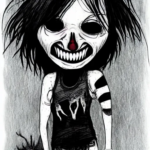 Image similar to grunge drawing of a happy raven in the style of the grudge | horror themed | loony toons style