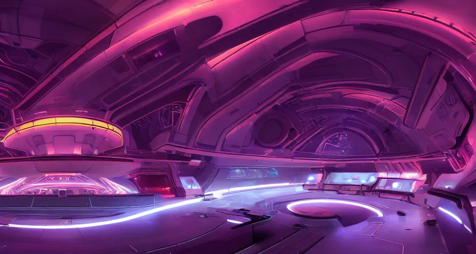 Prompt: a scifi portal to a nebula, bulbous zaha hadid space-station night club interior with neon lights and signs inspired by a nuclear reactor submarine and maschinen krieger, ilm, beeple, star citizen halo, mass effect, 2001 space odyssey, elysium, iron smelting pits, warm saturated colours, atmospheric perspective, dramatic sunset nebula