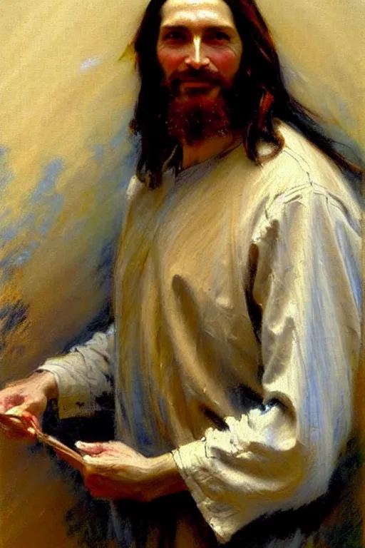 Image similar to impressionist brushstrokes!!!!!!!!! solomon joseph solomon and richard schmid and jeremy lipking victorian loose genre loose painting full length portrait painting of jesus with a slight smile happy inviting