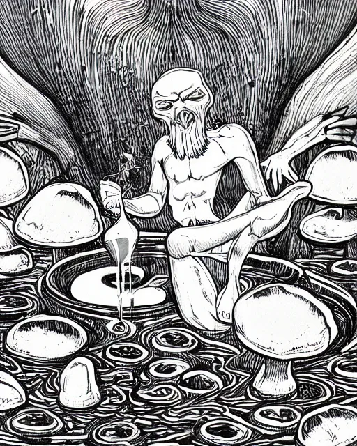 Image similar to a painting of a evil Nordic alien of pure evil, made in tones of white and grey, drinking liquid gold, in a wild mushroom fountain, bath like style, insanely detailed, loony toons style, isometric views, 8k