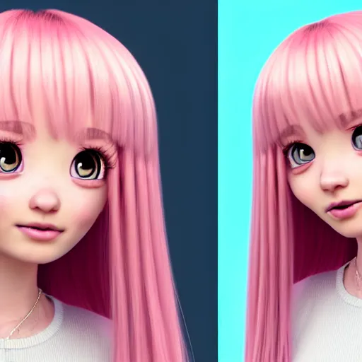 Image similar to A portrait of Nikki from Shining Nikki and Love, a cute 3d cgi toon young woman with long light pink hair, full bangs, hazel eyes, full face, light makeup, pale skin, Chinese heritage, cute outfit, medium shot, mid-shot, hyperdetailed, 8k, trending on artstation, as a Pixar character