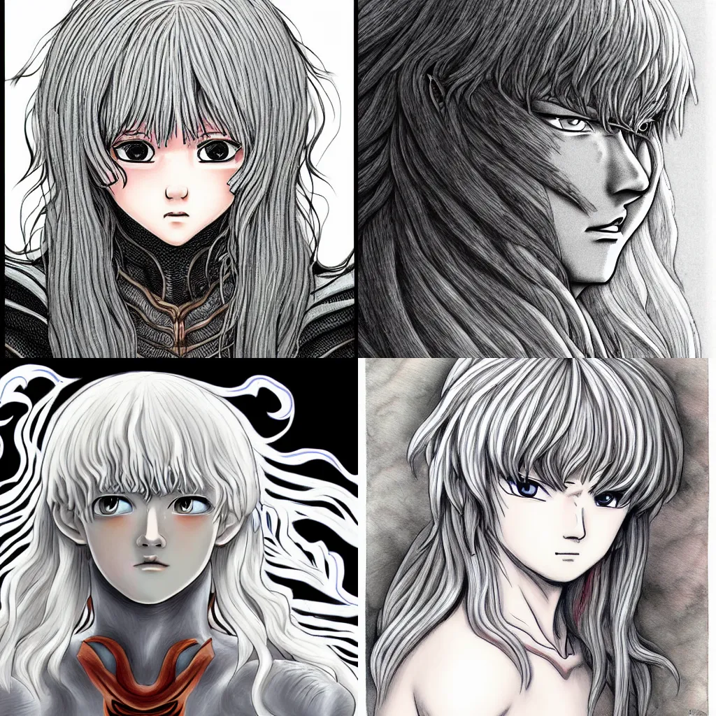 Prompt: griffith, anime, highly detailed, digital art, centered, portrait, colored accurately, in the style of kentaro miura