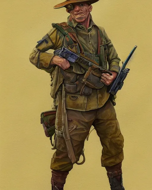 Image similar to a oil / watercolor painting full body character portrait of a accounting rifleman in the style of moebius in the style of leonard boyarsky trending on artstation deviantart pinterest detailed realistic hd 8 k high resolution