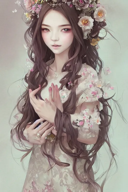 Prompt: romantic and fashion and love princess of the flower with sheath dress, 8 k realistic, teenager girl, baroque, symmetrical, flowing hair, smile, trending pinterest and pixiv, muted colors, hyperrealistic, l close up shot, character concept art, face by kyoung hwan kim, alexandra fomina, ilya kuvshinov