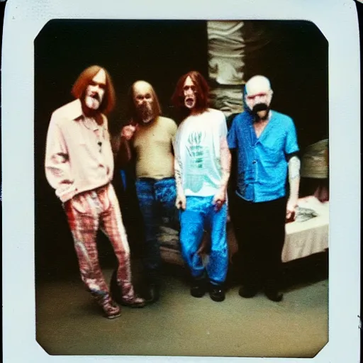 Prompt: a found polaroid photo of hippie trash humpers in the backrooms