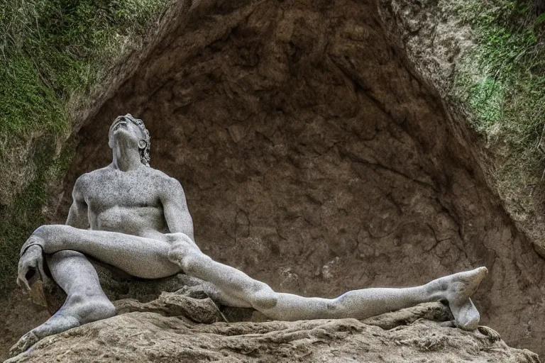 Image similar to high quality beauty statue sitting at the entrance of a huge cave in the middle of a forrest, highly detailed, cinematic smooth, stephen shore & john j. park, soft morning light, wide shot, high angle, uhd 8 k, deep focus