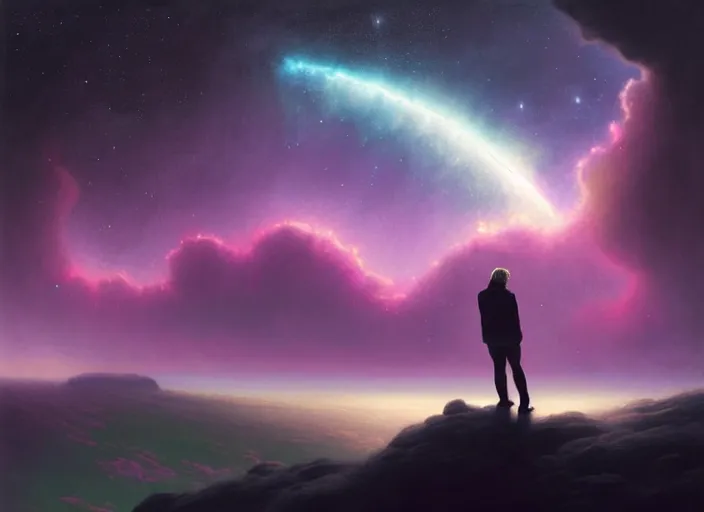Prompt: black silhuette of a man standing on a gray dull cliff looking out into a colorful vibrant cosmos space, clouds, stars, rings, nebula, beautiful soft purple pink lighting, magic, fantasy, vivid colors, intricate, elegant, cgsociety, artstation trending, oil painting by greg rutkowski, by artgerm, by wlop
