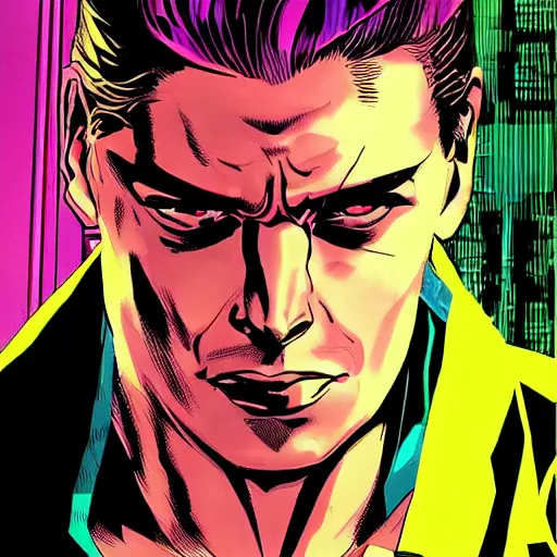 Image similar to a cyberpunk young mafia boss with slicked back hair, in a cyberpunk setting, comic book art, cyberpunk, art by stan lee, pen drawing, inked, colorful, bright high tech lights, dark, moody, dramatic, deep shadows, marvel comics, dc comics