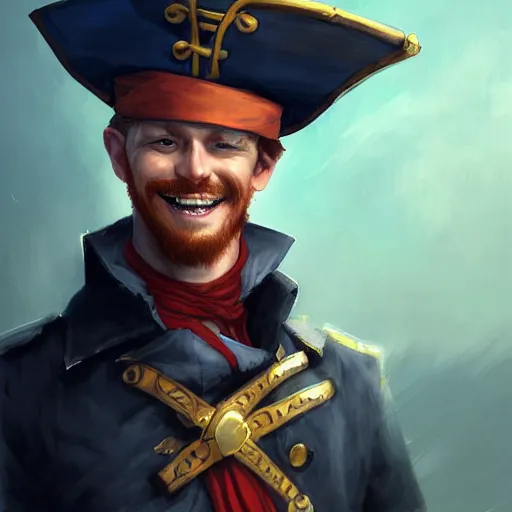 Prompt: dashing charming ginger grinning charismatic human male rogue, wearing pirate captain's tricorne hat, naval background, amazing, trending on art station, artgerm, Greg rutkowski