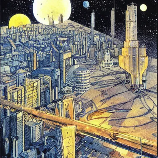 Image similar to comic book page, a city on the moon, by Francois Schuiten